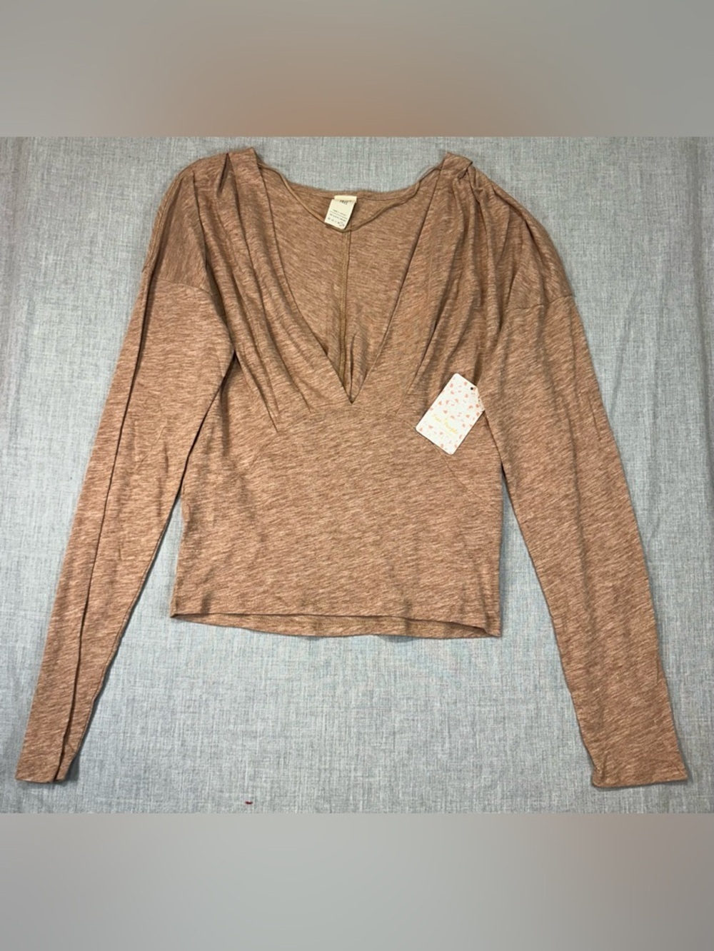 We The Free Heather Brown Deep V Long Sleeve Top NWT